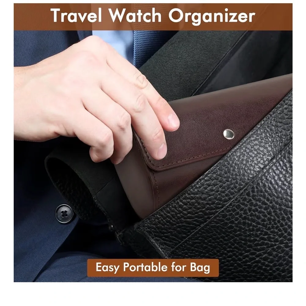 Lefor·Z Brown Leather Watch Roll 3 Slot Travel Case Luxury Organizer - Picture 5 of 8